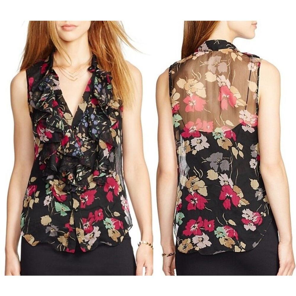 Lauren Ralph Lauren Chiffon Floral Sleeveless Ruffle Front Sheer Blouse Sz 8